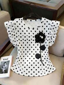 SHEIN Elegant Commuter Floral Ruffle Hem Cropped T-Shirt For Teenage Girls - White - View 1