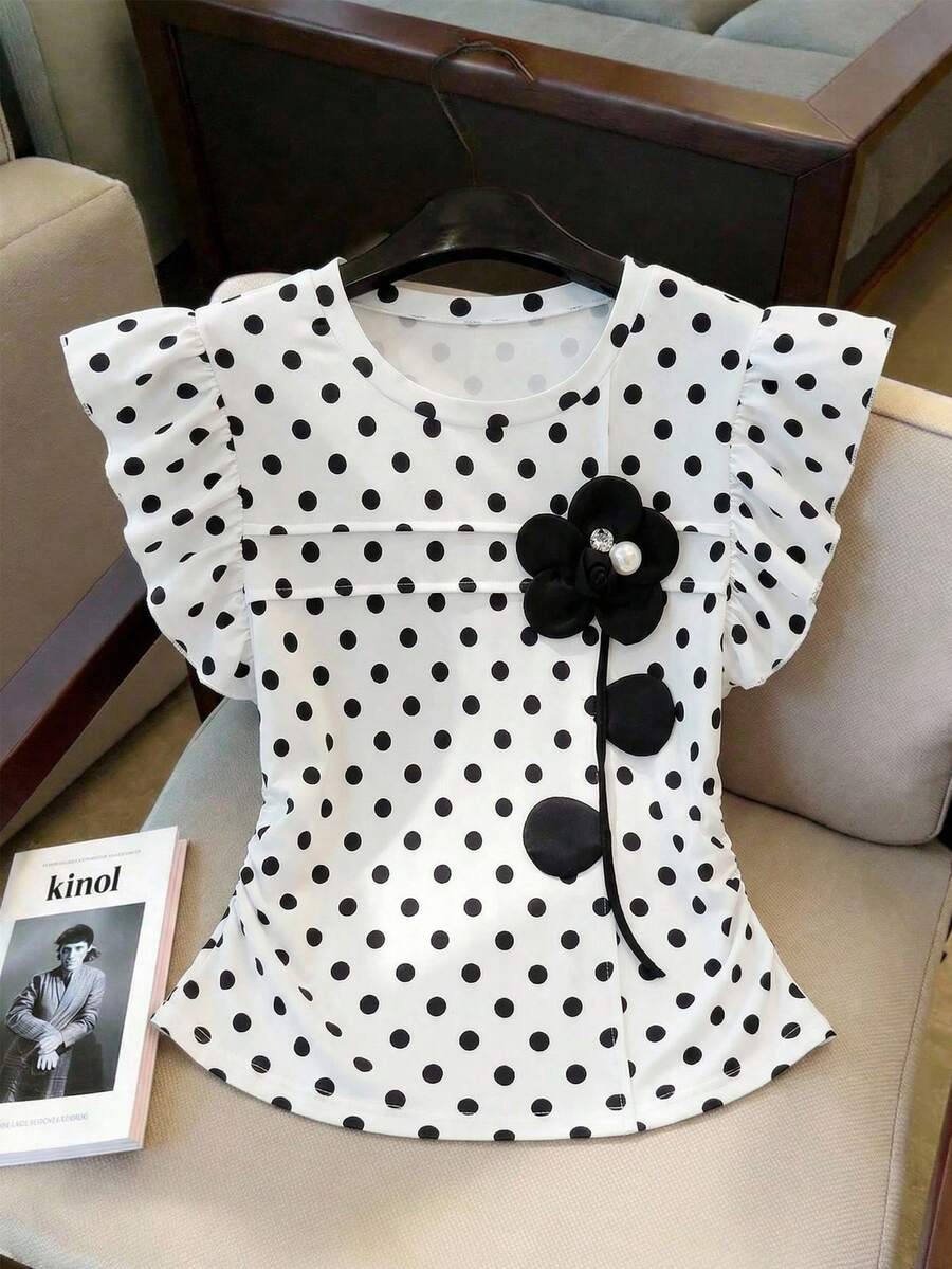 SHEIN Elegant Commuter Floral Ruffle Hem Cropped T-Shirt For Teenage Girls - White - View 1