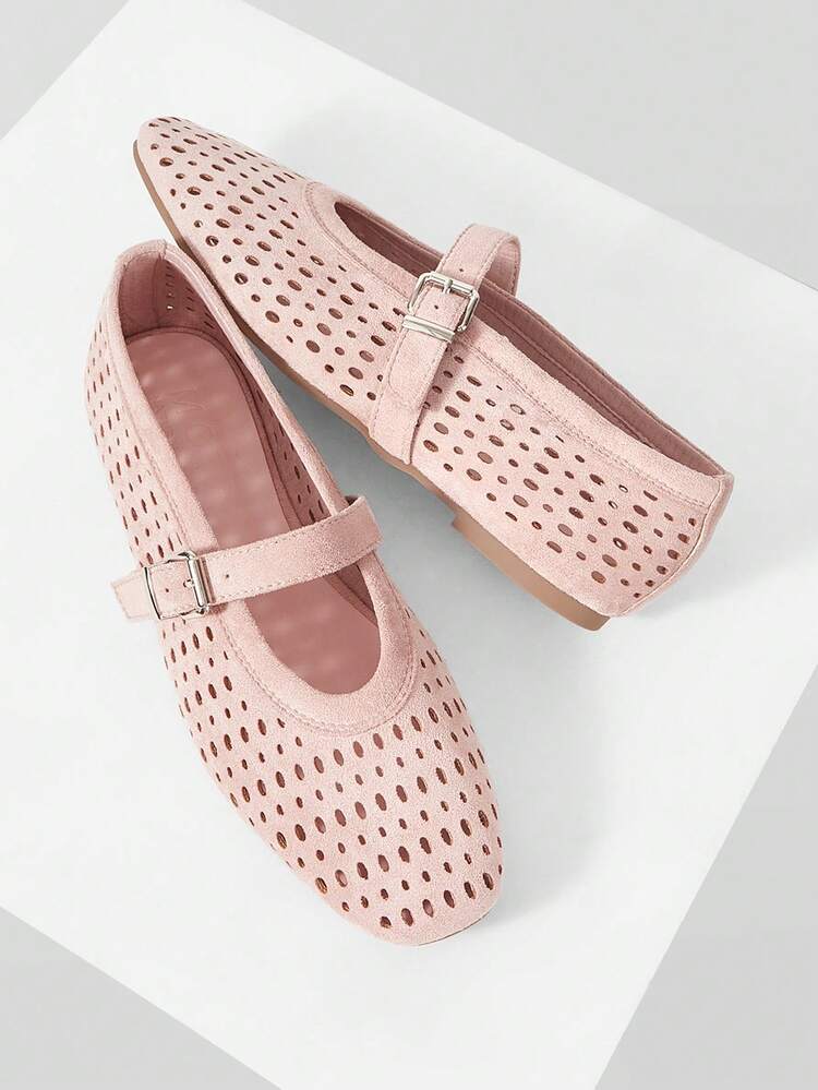 WOMEN'S NEW FRENCH SUEDE HOLLOW BUCKLE WITH ROUND HEAD FLATS, PINK VERSATILE GENTLE ELEGANCE LIGHTWEIGHT COMFORT FAIRY STYLE VACATION MARY JANE SHOES
