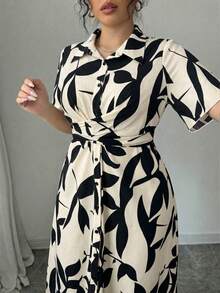 Elenzga Plus Size Casual Printed Short Sleeve Shirt Collar Dress - Apricot - View 3
