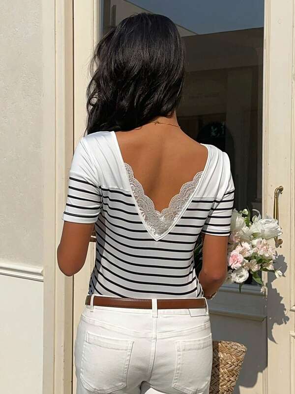 Serisse 女士休闲T恤，撞色蕾丝条纹圆领短袖