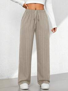 SHEIN PETITE Quần lửng ống rộng chất liệu có họa tiết, kiểu dáng thường ngày, thích hợp cho mùa hè. - Màu Khaki - Xem 6