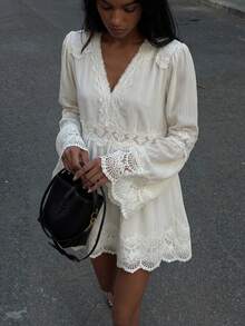 DAZY Women's V-Neck Lace Patchwork A-Line Smock Blouse, Vacation Style Long Sleeve - Apricot - View 3