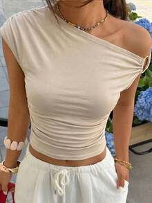 SHEIN 少女纯色肩部褶皱休闲百搭日常穿着T恤 - 杏色 - 查看 4