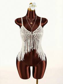 Amplova 女士沙滩度假休闲流苏吊带针织上衣 - 杏色 - 查看 3