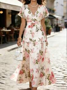 SHEIN Franclia Women's Elegant Printed V-Neck Mini Dress With Ruffle Trim And Ruffle Sleeves, Suitable For Spring, Summer And Autumn - Apricot - View 7