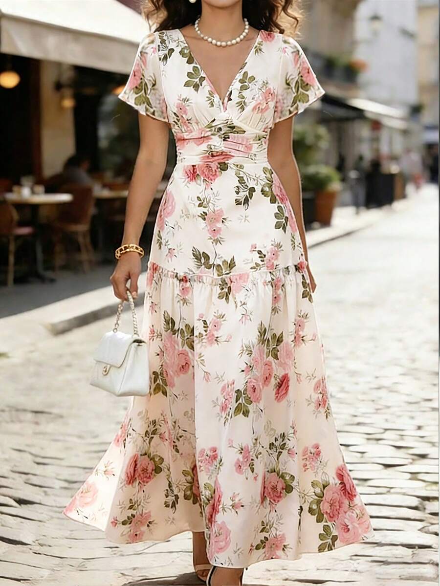 SHEIN Franclia 女士优雅印花V领迷你连衣裙，饰有荷叶边和荷叶袖，适合春、夏、秋季穿着。