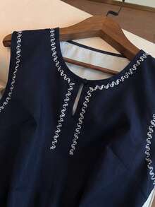 Franclia 女士优雅休闲简约印花纯色无袖上衣+短裤两件套 - 藏蓝色 - 查看 5