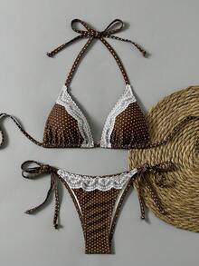 Swim Mod Bikini 2 pièces à imprimé pois tropical pour femmes, tenue de vacances décontractée - Multicolore - Voir 2