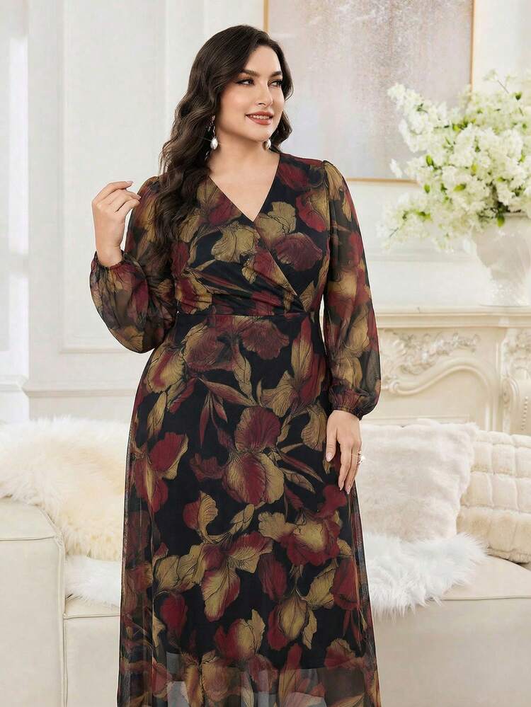 Modelyn Plus Size Women Floral Print Lantern Sleeve Elegant Dress Fall - Multicolor - View 7