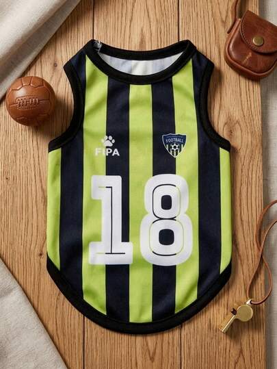 PETSIN 一件黑色绿色条纹脚印数字18印花宠物背心，撞色设计，柔软透气。