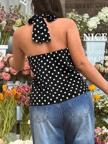 GalTyme 大码女式夏季复古沙滩度假黑白波点系带露背上衣 - 黑與白 - 查看 2