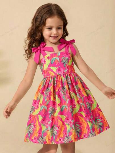 SHEIN Vestido de gasa sin mangas con estampado floral pequeño para niña