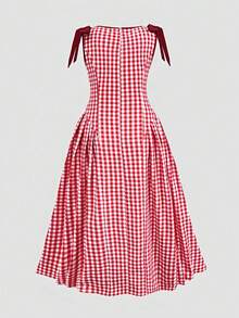 SHEIN LMoss Kids 少女休闲优雅格子圆领无袖连衣裙，配有可拆卸蝴蝶结，适合日常穿着。 - 紅白色 - 查看 2