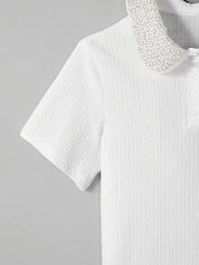 Lyxana Women's Fashion Pearl Decor Turndown Collar Button Half-Placket Short Sleeve T-Shirt - White - View 4