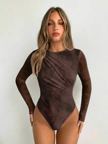 Siren Gaze Body de mujer de diseño minimalista con cuello redondo y manga larga - Marrón - Ver 4