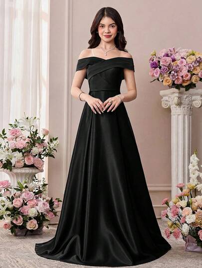 Pitira Gaun Maxi Satin Hitam Elegan Tanpa Bahu untuk Anak Perempuan dan Remaja, Gaun Formal Makan Malam Musim Dingin, Detail Ikat Punggung Terbuka untuk Pernikahan, Pesta Ulang Tahun, Prom, dan Pengiring Pengantin