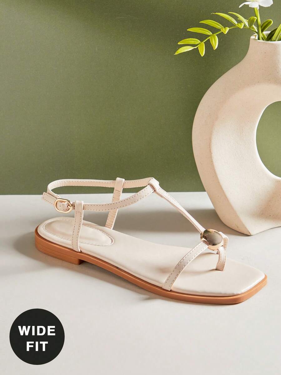 SHUZIA Sandal đế bằng dáng rộng, thoải mái, kiểu dáng thường ngày, có quai xỏ ngón dành cho nữ. - Màu be - Xem 1