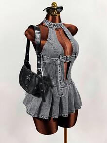 Mistrie Đầm denim nữ gợi cảm cổ yếm khoét rỗng với thiết kế khóa cài. - màu đen - Xem 3