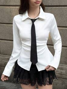 MainGRL Women's Solid Color Button-Front Long Sleeve Casual Shirt, Everyday Wear - White - View 5