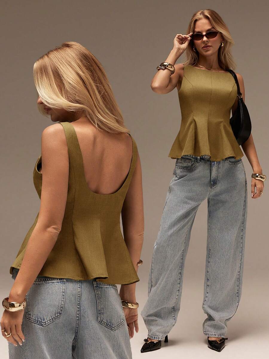 SHEIN Forever 21 春夏女款浪漫/舞會/正式/生日/90年代/商務休閒/優雅/西式穿搭/外出/時尚/休閒/Y2K/夜店/辦公室/雞尾酒會/復古/緊身/電音節/幽默/高雅/老錢風/街頭風/度假/鄉村音樂會/工作/保守/春假/單身派對/音樂會/辣妹/基礎款/畢業/A字/無袖上衣 - 卡其色 - 查看 1