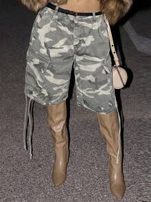 女士休闲宽松迷彩印花阔腿牛仔短裤 - 米色 - 查看 3