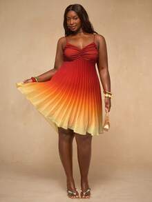 SHEIN BAE Plus Size Women's Ombre Ruched Cami Dress,Elegant Red Summer Satin Party Gradient Pleated V Neck Mini Sundress With Spaghetti Straps For Vacation - Multicolor - View 6