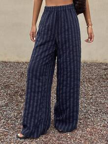Livesso 女士休闲条纹阔腿裤 - 黑色 - 查看 3