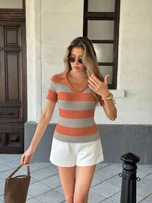 Pariaura Contrast Stripe Polo Collar Knit Top, French Street Style Short Sleeve Blouse For Summer - Burnt Orange - View 4