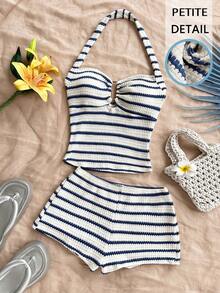 Soleia Petite Women's Striped Waffle Knit 2 Pieces Set, Suitable For Spring/Summer Vacation, Beach - Blue and White - View 1