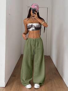 SHEIN PETITE Women's Summer Textured Straight Leg Pants - Mint Green - View 5