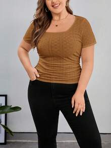 SHEIN Privé Camiseta de manga corta de unicolor y textura casual para talla grande, verano - Naranja - Ver 1