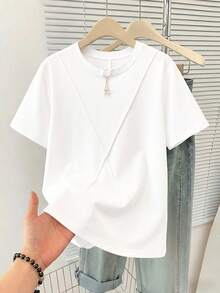 GlowEve CURVE Plus Size Women's Solid Color Round Neck Short Sleeve Casual Loose T-Shirt - White - View 1