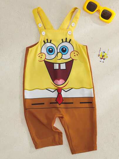 SpongeBob SquarePants | SHEIN 1件男婴可爱休闲风背带裤，舒适连体裤