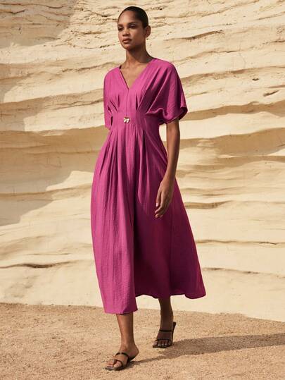 Maija Vestido de verano de longitud media con cintura ceñida y unicolor elegante para mujer