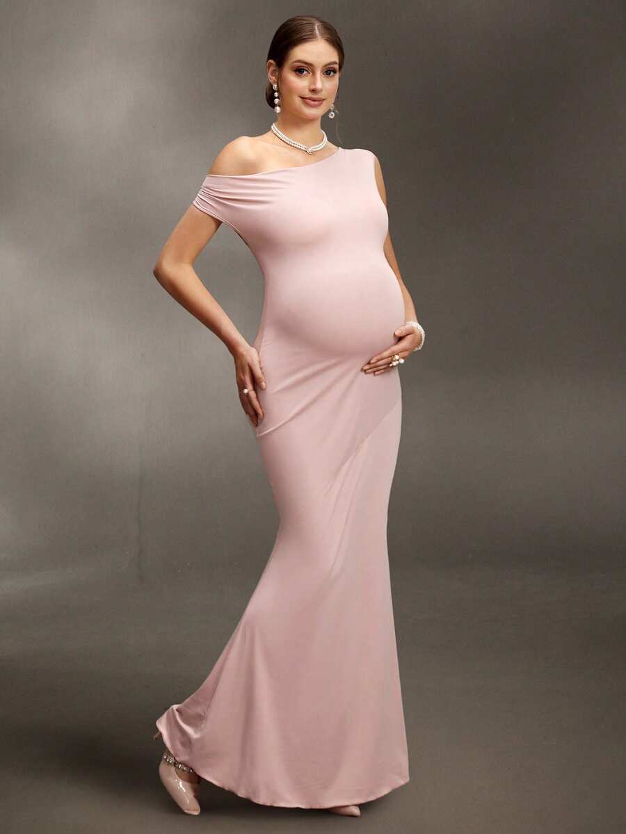 Cheriluna Maternity Asymmetric Shoulder Backless Tie Dress, Sexy Minimalist Maternity Photoshoot - Pink - View 1