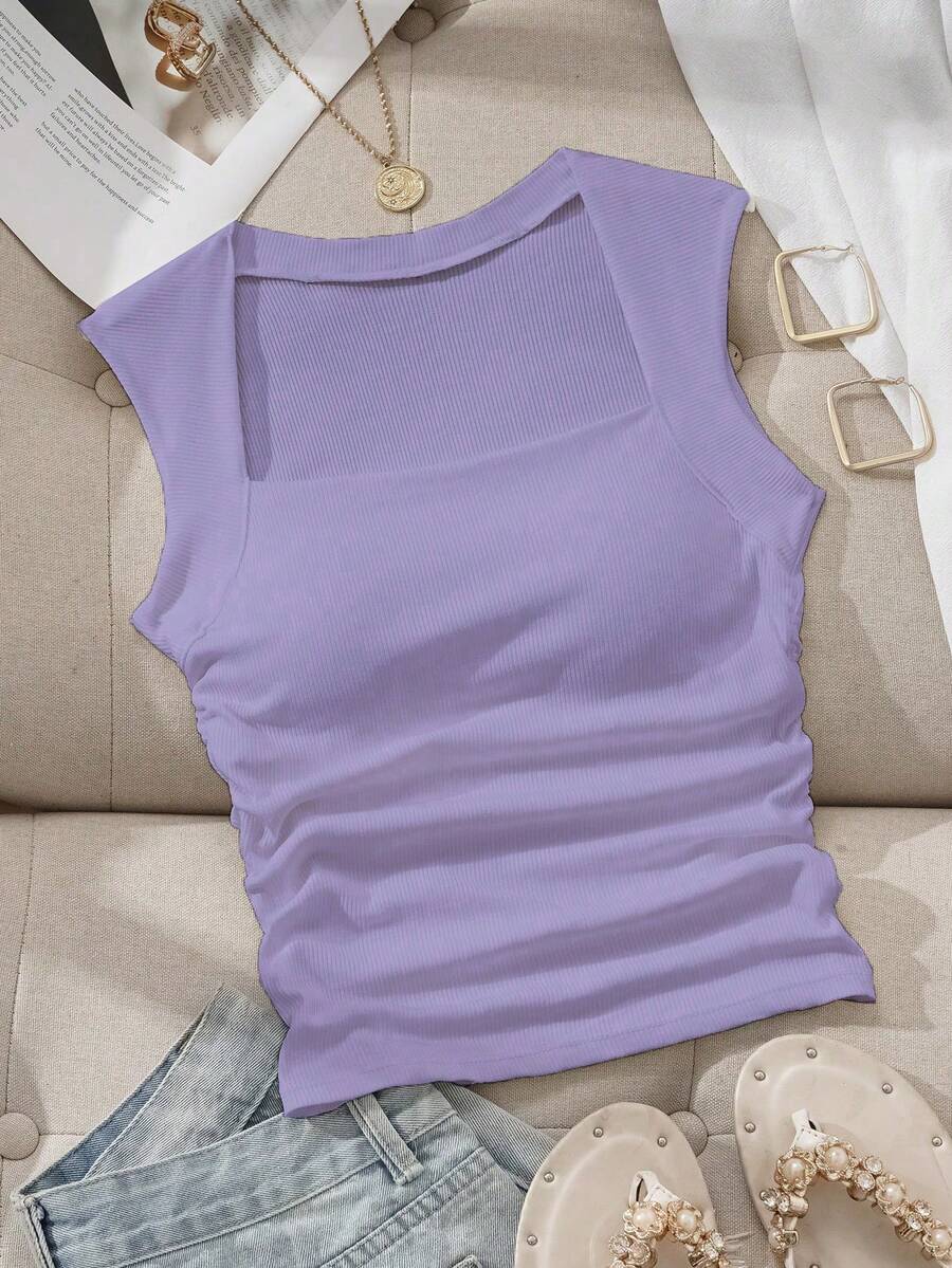 SHEIN EZwear Square Neck Ruched Waist Padded Bra-Free Camisole - Mauve Purple - View 1