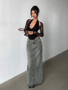 Aloruh Chân váy chữ A bằng vải denim mài bạc màu dáng rộng dành cho nữ, có túi xéo, thích hợp cho mùa hè. - Màu xanh lam - Xem 5