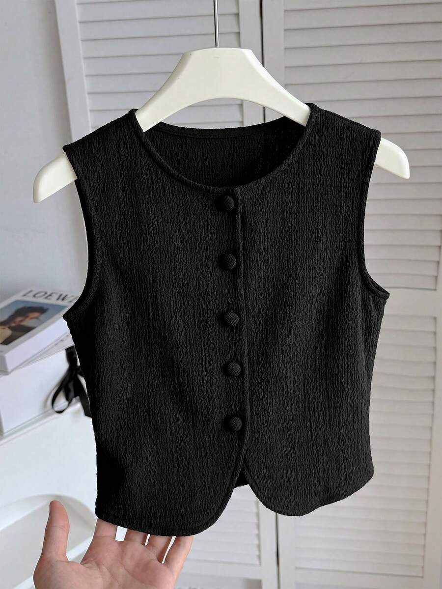 SHEIN 少女白色针织纹理无袖优雅百搭背心衬衫 - 黑色 - 查看 1