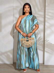 SOLERSUN 春夏新款大码抽象线条印花露肩不对称短袖上衣搭配松紧腰阔腿裤两件套，适合日常休闲、聚会、约会、情人节、毕业派对、旅行、海滩度假、新年庆典、嘉年华、婚礼宾客等各种场合。展现性感优雅的波西米亚风情。时尚女装。 - 綠色 - 查看 1