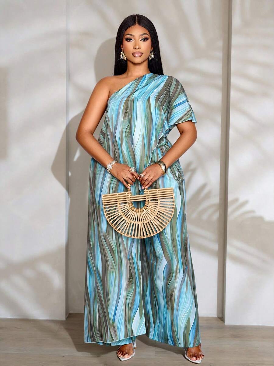 SOLERSUN 春夏新款大码抽象线条印花露肩不对称短袖上衣搭配松紧腰阔腿裤两件套，适合日常休闲、聚会、约会、情人节、毕业派对、旅行、海滩度假、新年庆典、嘉年华、婚礼宾客等各种场合。展现性感优雅的波西米亚风情。时尚女装。 - 綠色 - 查看 1