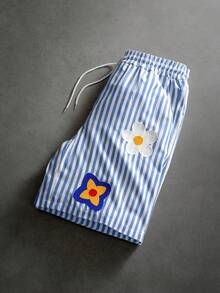 PAVTROS 男士条纹印花拼接抽绳腰斜插口袋休闲短裤 男士短裤 印花短裤 卡通短裤 拼接短裤 条纹短裤 - 彩色 - 查看 1