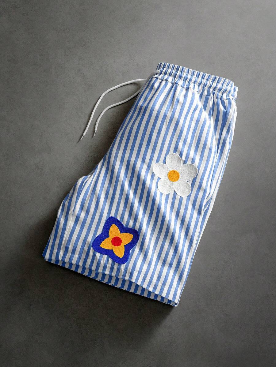 PAVTROS 男士条纹印花拼接抽绳腰斜插口袋休闲短裤 男士短裤 印花短裤 卡通短裤 拼接短裤 条纹短裤 - 彩色 - 查看 1