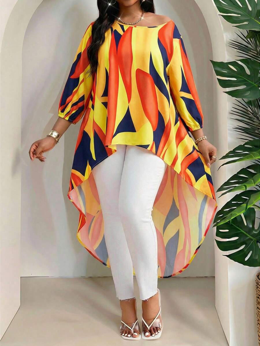 SHEIN Lady Áo kiểu dáng cỡ lớn, thanh lịch, thích hợp cho mùa xuân và hè, đi làm, phong cách boho, nhiều màu sắc, chất liệu dệt, cổ tròn, tay lửng, vạt trước ngắn vạt sau dài, kiểu dáng mùa hè, đi biển, nghỉ mát, du lịch. - Nhiều màu - Xem 1