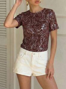 Lavishia 女士亮片装饰圆领短袖浪漫优雅衬衫 - 紫色 - 查看 3