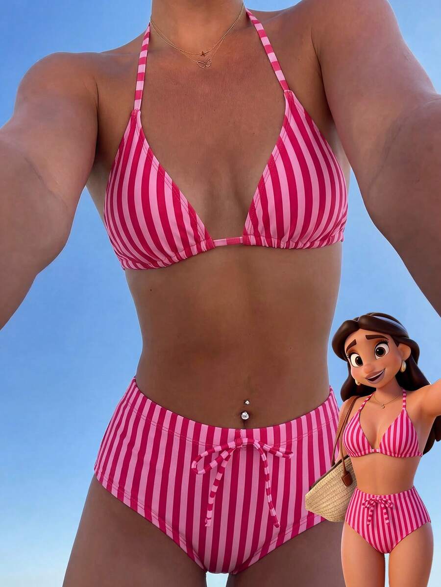 Swim Mod Bộ bikini 2 mảnh dành cho nữ, họa tiết sọc nhiệt đới dễ thương, kiểu cổ yếm tam giác và quần bikini cạp chun điều chỉnh được, kiểu dáng gợi cảm, bán chạy nhất cho kỳ nghỉ biển, phong cách thường ngày thanh lịch, thích hợp cho ngày Valentine. - Nhiều màu - Xem 1