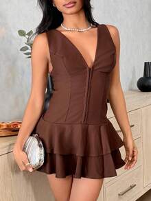 Natali Santanap Women's Solid Color Deep V-Neck Ruffle Hem Sleeveless Sexy Mini Dress,Dresses For Women Elegant - Coffee Brown - View 4