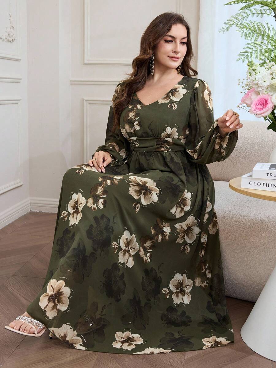 Modelyn Romantic Chiffon Floral Print Long Sleeve A-Line Maxi Dress, Plus Size, Spring/Summer - Multicolor - View 1