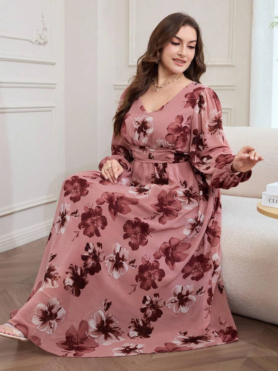 Modelyn Romantic Chiffon Floral Print Long Sleeve A-Line Maxi Dress, Plus Size, Spring/Summer Fall - Multicolor - View 1