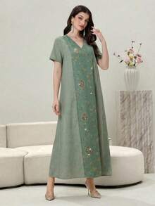 Al Najma V-Neck Loose Short Sleeve Dress, Decorated With Gold Embroidery, Patchwork Solid Color - Green - View 7